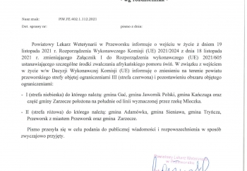 Zdjęcie główne dla: 'Informacja Powiatowego Lekarza Weterynarii w Przeworsku, 1 grudnia 2021 r.' 