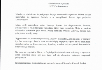 Zdjęcie główne dla: 'Oświadczenie Dyrektora SPZOZ w Przeworsku i wniosek Ogólnopolskiego Związku Zawodowego Pielęgniarek i Położnych Zawodowej Organizacji Związkowej przy SPZOZ w Przeworsku' 