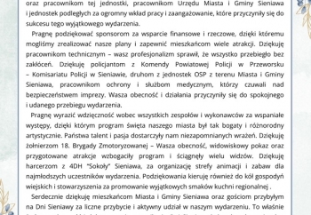 Zdjęcie główne dla: 'Podziękowanie Burmistrza Miasta i Gminy Sieniawa - Dni Sieniawy 2025' 