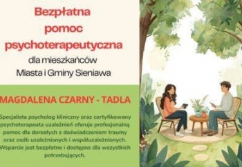 Zdjęcie główne dla: 'Bezpłatna pomoc psychoterapeutyczna dla mieszkańców Miasta i Gminy Sieniawa' 