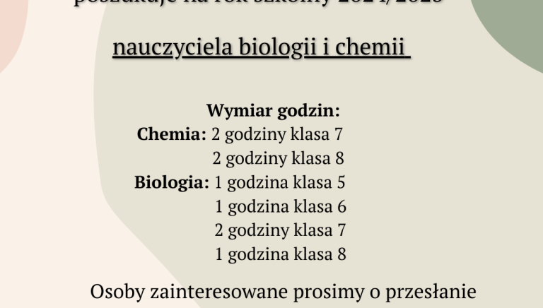 Zdjęcie główne newsa: Ogłoszenie. Szkoła Podstawowa im. prof. Kazimierza Sucheckiego w Wylewie poszukuje nauczyciela biologii i chemii