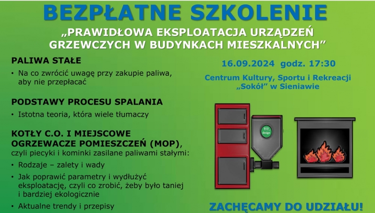 Zdjęcie główne newsa: Zapraszamy na bezpłatne szkolenie pn. „Prawidłowa eksploatacja urządzeń grzewczych w budynkach mieszkalnych”