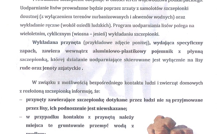 Zdjęcie główne newsa: Komunikat Podkarpackiego Wojewódzkiego Lekarza Weterynarii dotyczący wiosennej akcji szczepienia lisów