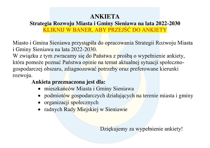 Ankieta do celów opracowania Strategii Rozwoju Miasta i Gminy Sieniawa na lata 2022-2030